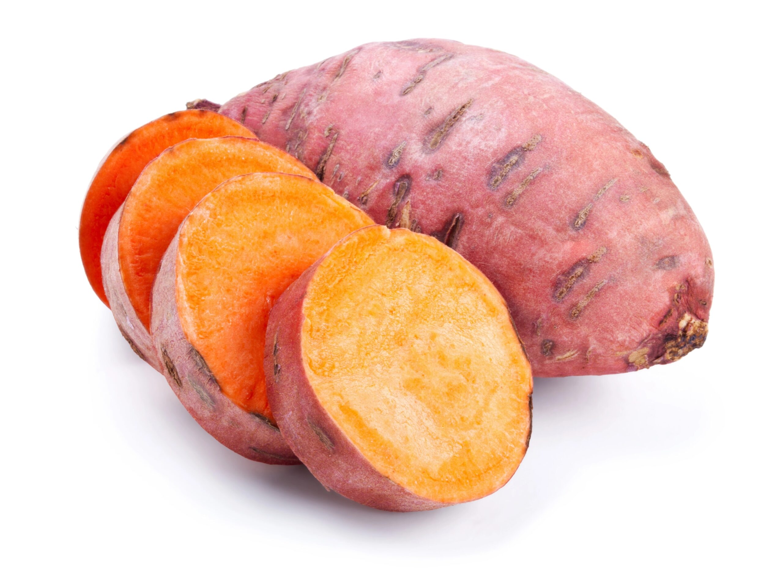 A whole sweet potato with several slices cut to reveal its bright orange interior, isolated on a white background. Photo by AndriiGorulko, licensed via Depositphotos.