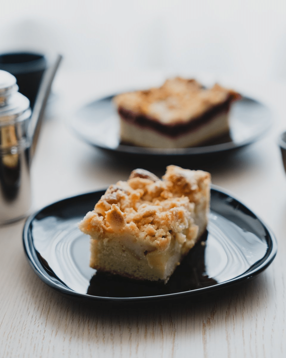 Close-up of a slice of apple streusel cake on a black plate, perfect dessert shot.